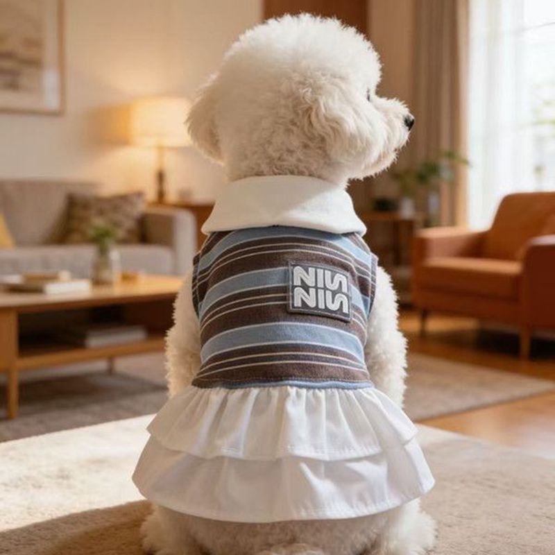 Striped Polo Collar Dog Dress, Breathable Puppy Vest Skirt with Ruffle Hem, Cute Small Dog Clothes for Bichon Yorkie, Fashion Stretch Pet Apparel for 