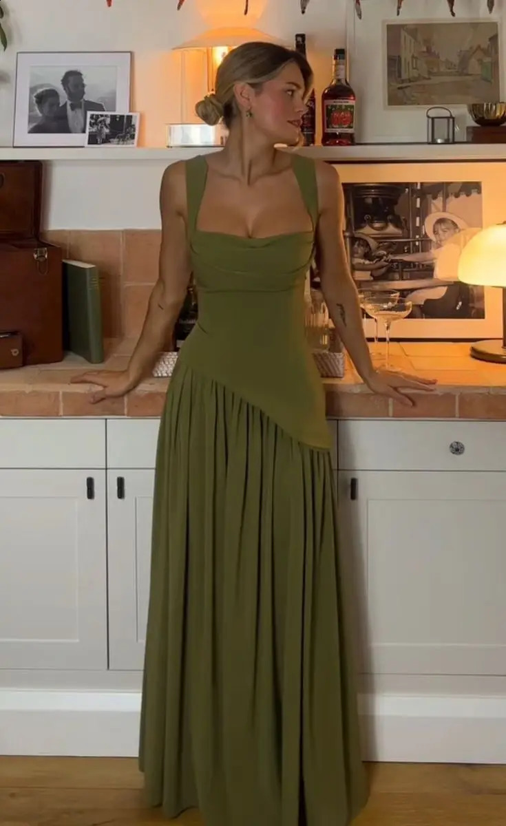 Suninheart Summer Elegant Olive Green Maxi Dress for Women Flowy Long Dress with Scarf Birthday Party Beach Graduation dress 260414