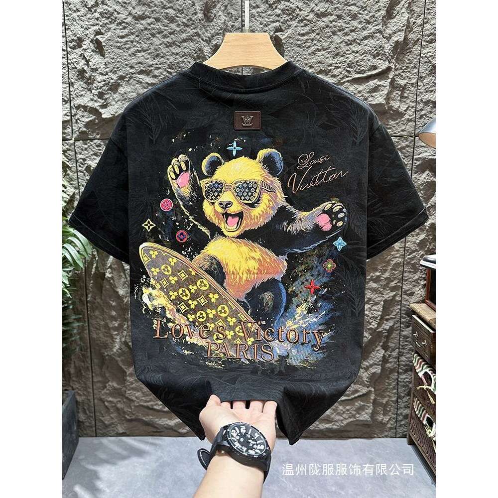 Luxury Brand Designer Clothes Cotton Trendy Brand Panda Surfing Monogram Embroidered Maple Leaf All-Over Print Short-Sleeve T-Shirt For Men, Summer Lo