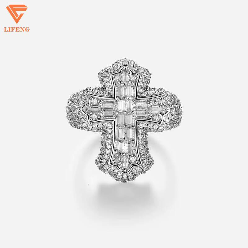 New Trendy Mens 925 Sterling Silver 18K Gold-Plated Luxury Baguette Cut Cross Ring VVS Moissanite Diamond Custom Hip Hop