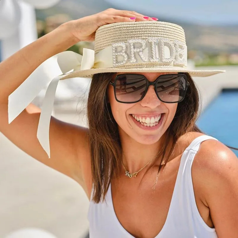 Pearl Bride sun Hat summer beach pool Wedding engagement Bachelorette hen Party Bridal Shower honeymoon Travel decoration gift 260414