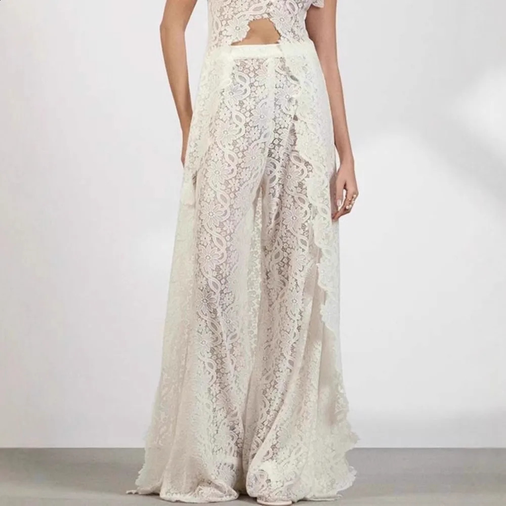 Elegant White See Through Flower Lace Pants Sets Women Sexy Short Sleeves Maxi Top High Waist Trousers Two Piece Set Fashion 260414