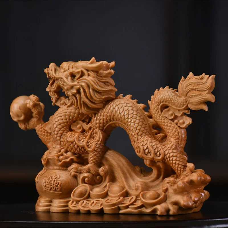 Solid wood carving Chinese Dragon Sculptures Figurines Auspicious animals Home Room Office Table decoration and accessoriesT260415