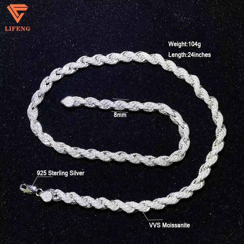 Custom 8mm White Gol Rope Necklace Iced Out VVS Moissanite 925 Sterling Silver Rope Chain for Women Fashion Party Jewelry