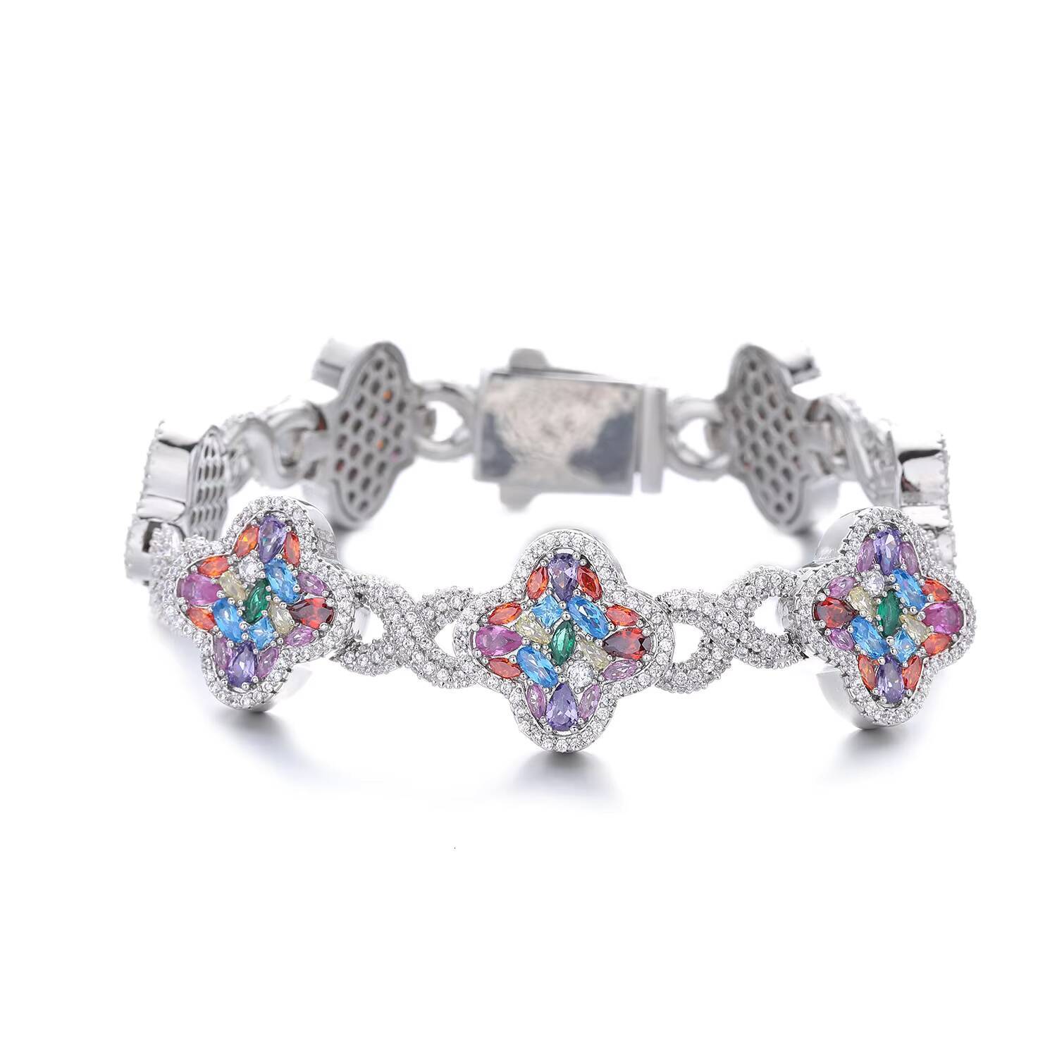 2026 Luxury Trendy Hip Hop Jewelry Rainbow Flower Infinite Bracelet Iced Out Irregular Colorful Four Leaf Clover Bracelet