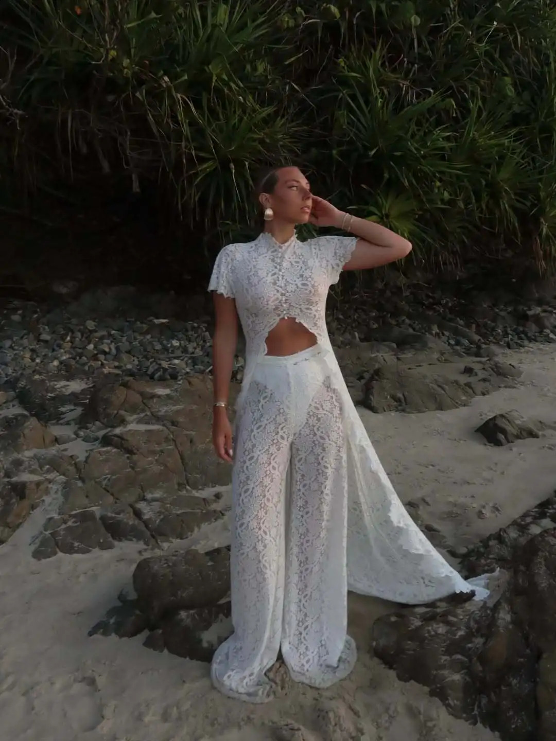 Elegant White See Through Flower Lace Pants Sets Women Sexy Short Sleeves Maxi Top High Waist Trousers Two Piece Set Fashion 260414