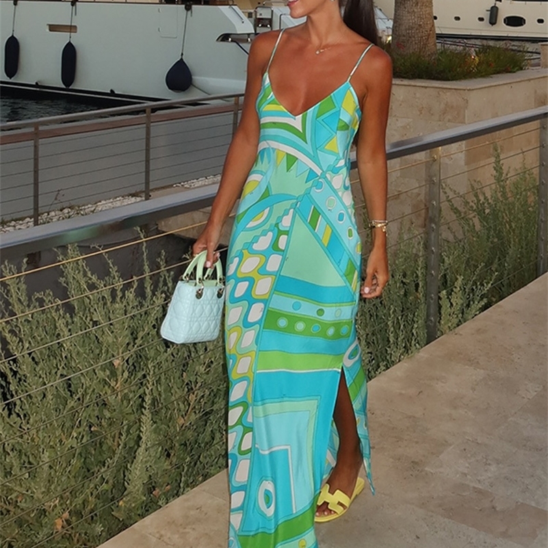 Chic Print Sling Long Dress Women Sleevless Backless Side Split Party Dresses 2026 Summer Street Beach Lady Ankle-length Robes 260415