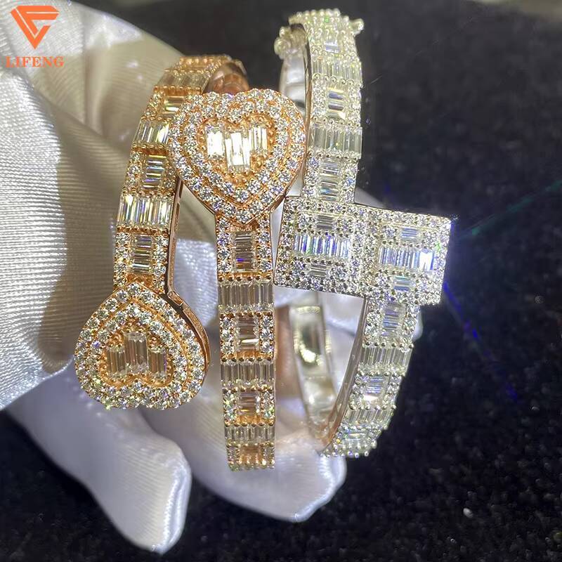 Ready to Ship Baguette Moissanite Open Cuff Heart Bangle 925 Sterling Silver Iced Out Moissanite Adjustable Bracelet for Women
