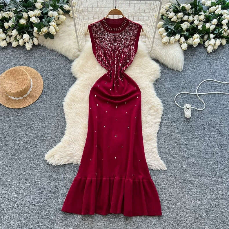 Summer k30 rhinestone decorated semi high neck fishtail FC 2026 new slim fit sleeveless knitted dress