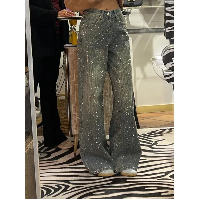 Retro American Women Jeans Denim Washed Rhinestone Pants Full Sky Star Heavy Duty Millennium Spicy Girl Wide Leg Long Trousers 260414 - view 5