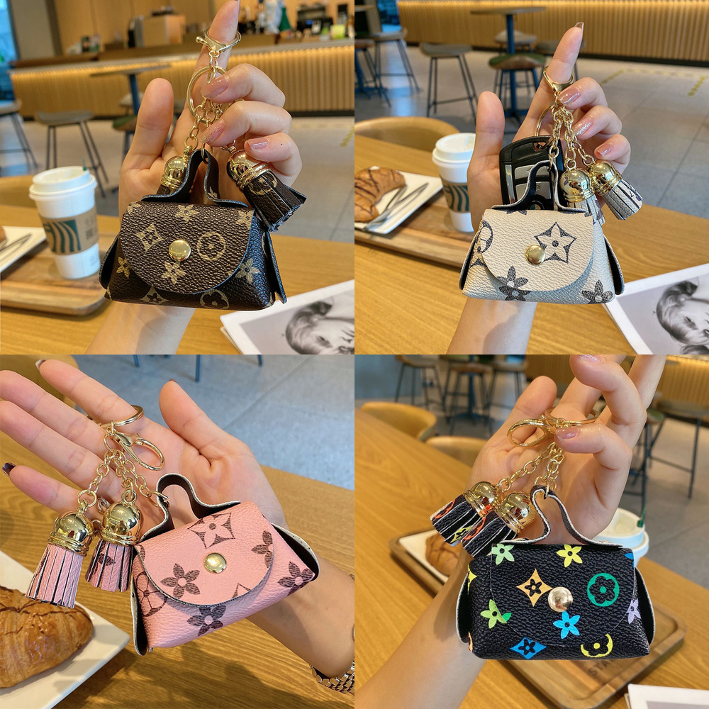 Cute Mini Leather Small Bag Coin Purse Earphone Bag Storage Bag Old Flower Pendant Key Card Holder Key Bag for Women