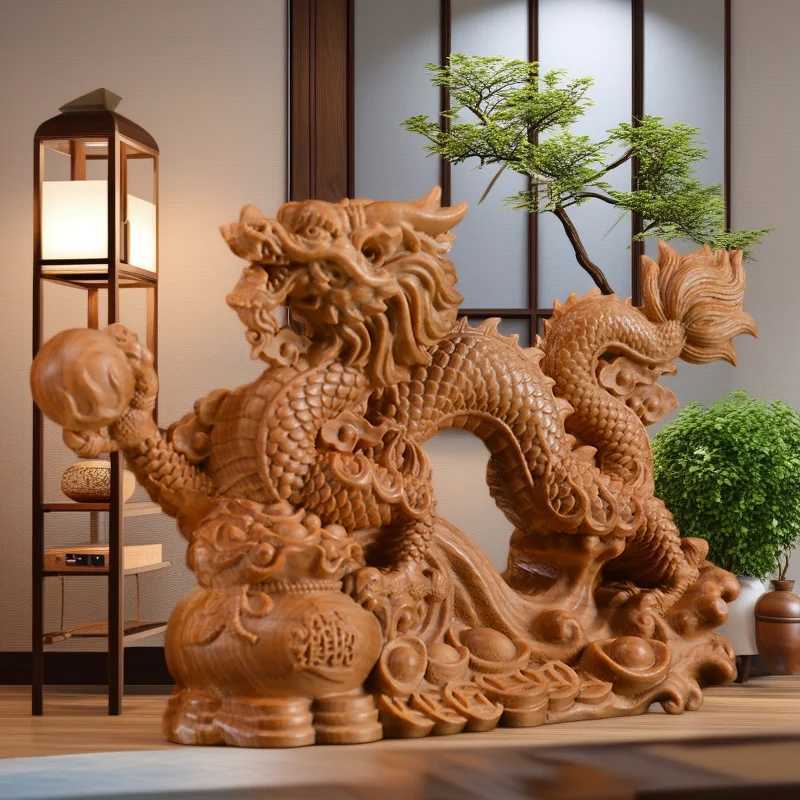 Solid wood carving Chinese Dragon Sculptures Figurines Auspicious animals Home Room Office Table decoration and accessoriesT260415