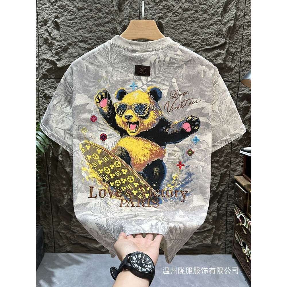 Luxury Brand Designer Clothes Cotton Trendy Brand Panda Surfing Monogram Embroidered Maple Leaf All-Over Print Short-Sleeve T-Shirt For Men, Summer Lo