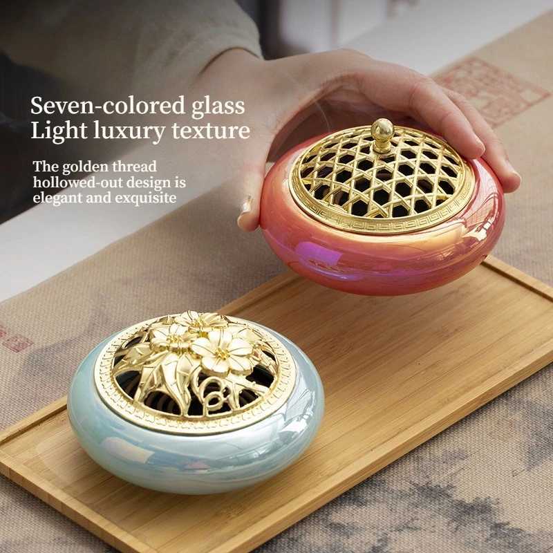 Chinese Style Tradition Colorful Ceramic Small Incense Burner Golden Household Plate Incense Net Household Tea House Hotel ZenT260415