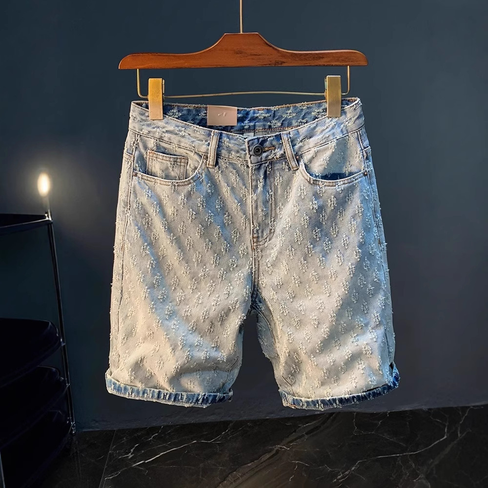 2026 New Designer Luxury Brand Foreign Trade Perforated Denim Shorts Summer Slim Fit Straight Leg Knee Length Pants Design Fashionable And Casual