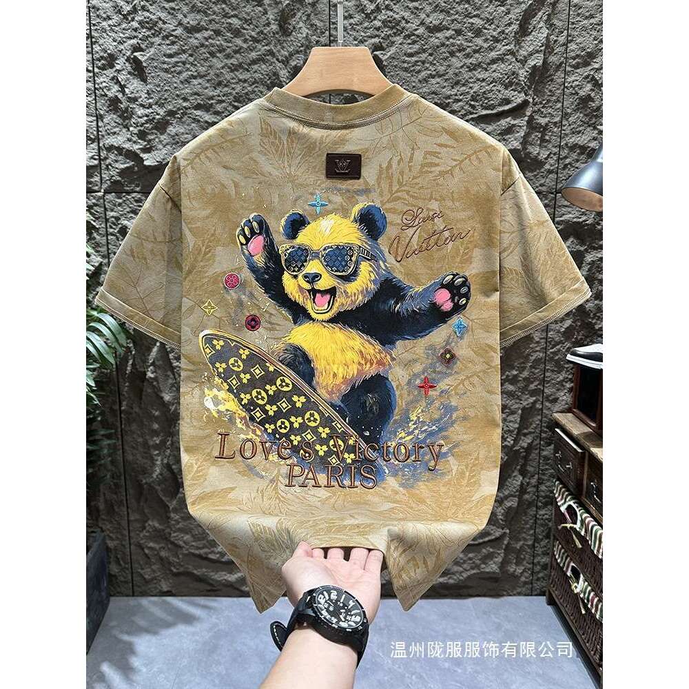 Luxury Brand Designer Clothes Cotton Trendy Brand Panda Surfing Monogram Embroidered Maple Leaf All-Over Print Short-Sleeve T-Shirt For Men, Summer Lo