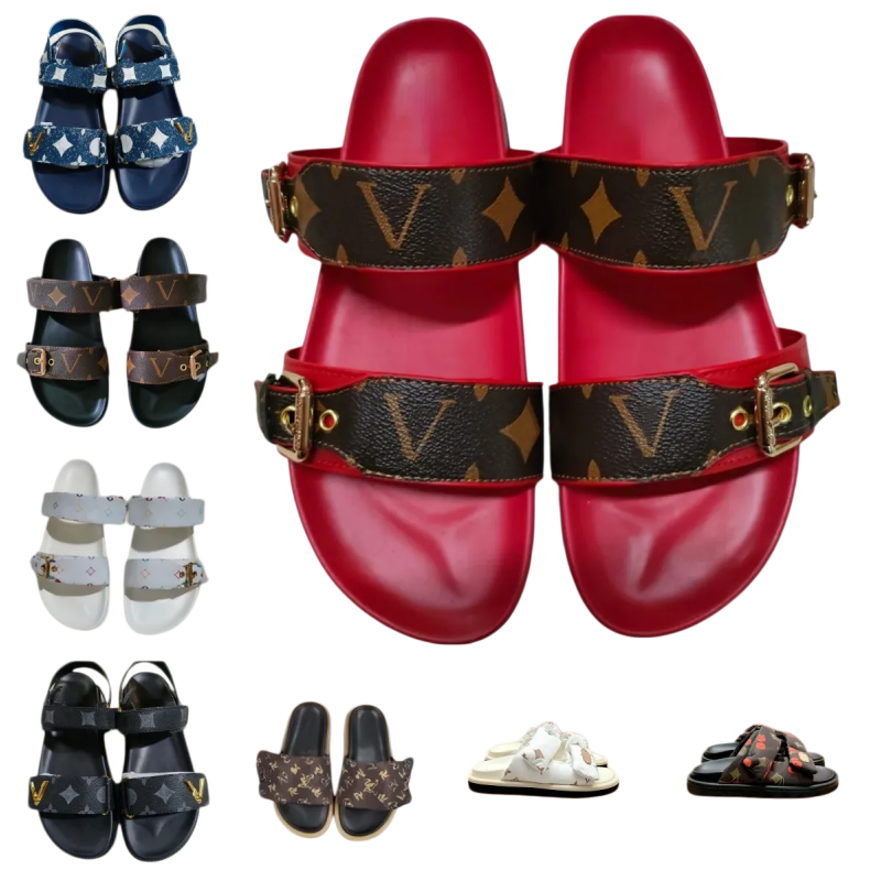 Top lvs designer Slippers Pool Pillow Slides Summer Cotton Fabric sliness flowe sandals Leather Casual Shoes Scuff Flat Sandals Mules Sunset Padded slippers35-46