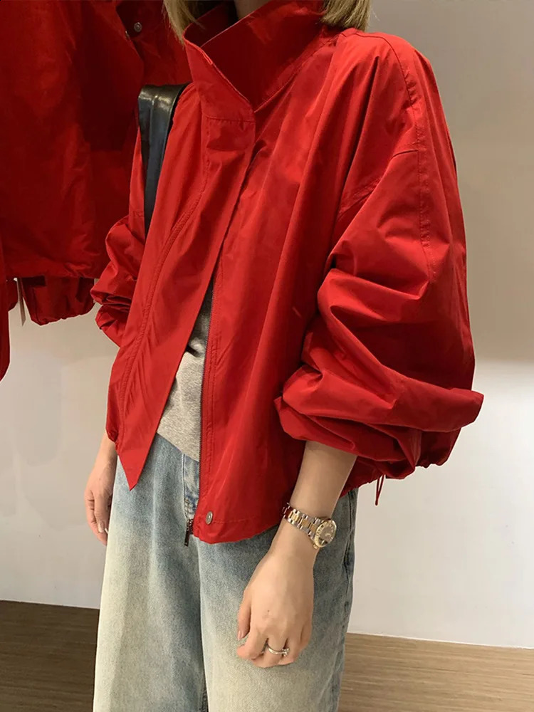 Red Stand Up Collar Loose Drawstring 2026 Spring Outdoor Sunscreen Sports Short Jacket for Women 260414