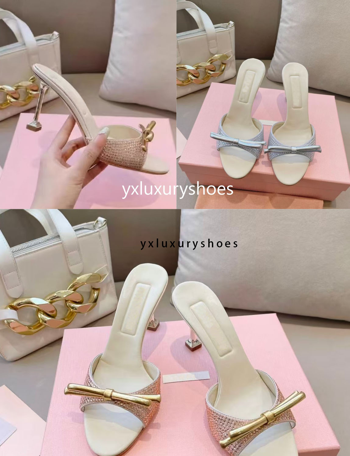 2024 Designer M new women's high-heeled sandals Elegant summer mid-heeled women's exquisite backless high heels Women's luxury party princess shoes