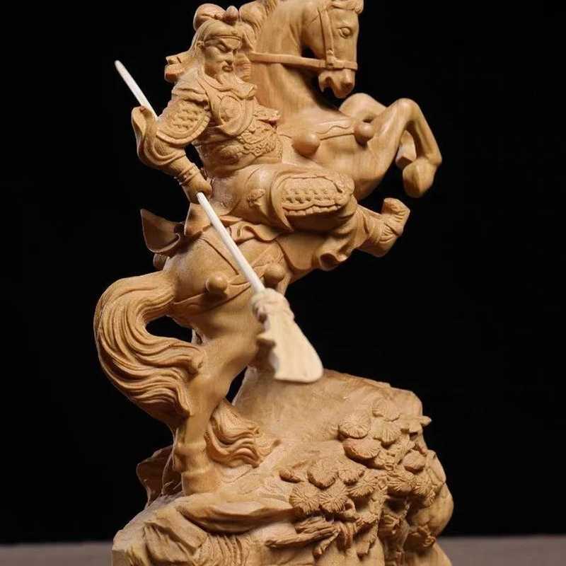 Wood carving Riding a horse Guan Gong God of Wealth Statue Chinese mythological figure Home room office decoration accessoriesT260415