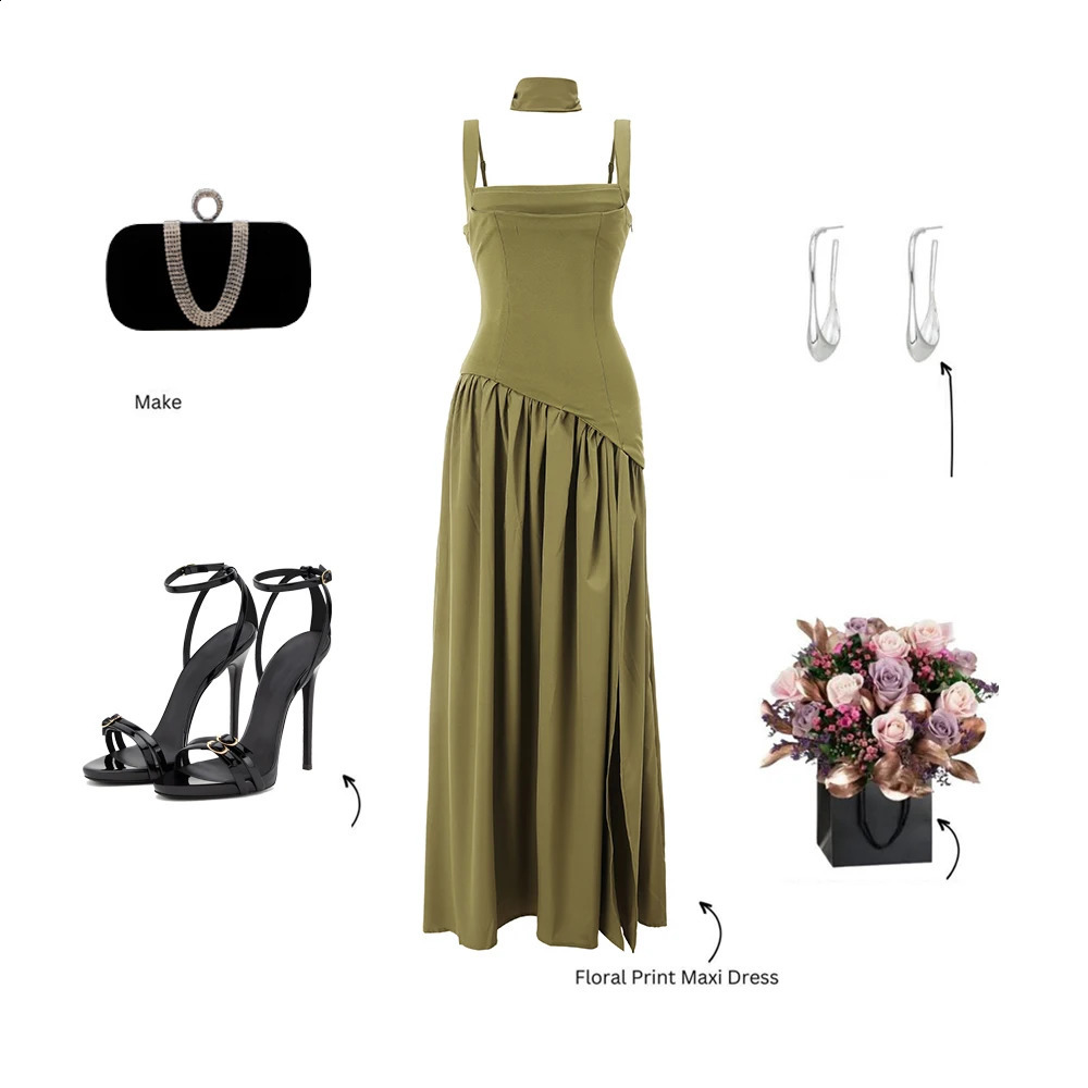 Suninheart Summer Elegant Olive Green Maxi Dress for Women Flowy Long Dress with Scarf Birthday Party Beach Graduation dress 260414