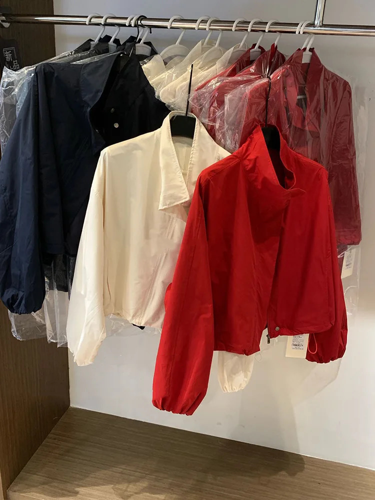 Red Stand Up Collar Loose Drawstring 2026 Spring Outdoor Sunscreen Sports Short Jacket for Women 260414