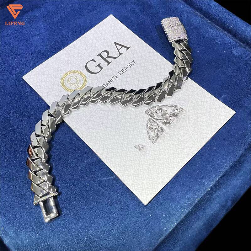 Hip Hop Jewelry Silver Plated 15mm Plain Cuban Bracelet with Moissanite Clasp Custom 925 Silver Bracelet for Men