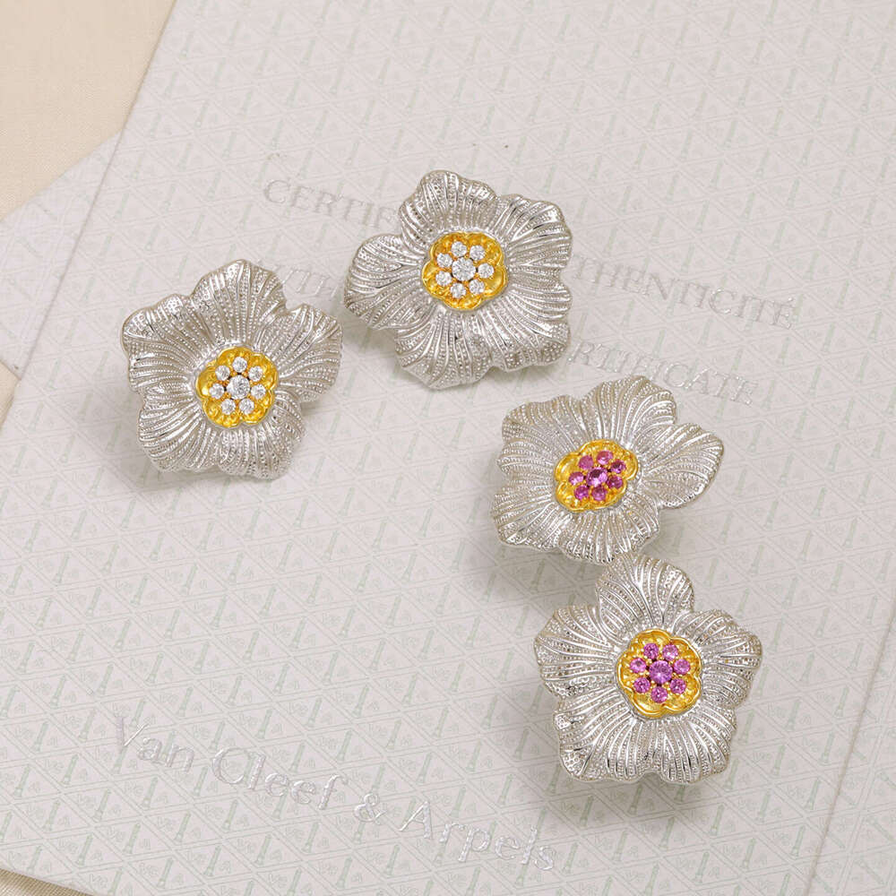 Women 925 Sterling Silver Gardenia Flower Stud Earrings - Hand-Engraved Floral Design with Pink & Yellow CZ Gemstones, Italian Craftsmanship Inspired 