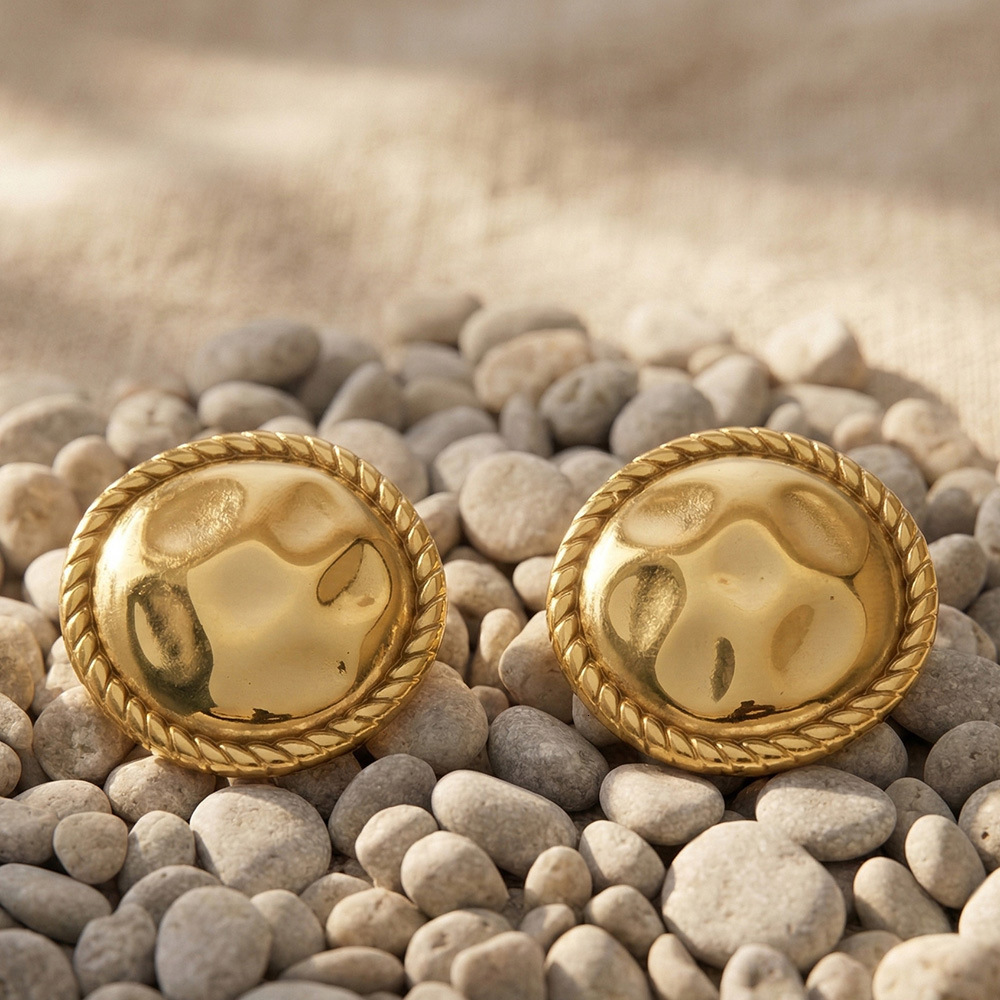 Earrings For Women Button Design Stainless Steel 18K Gold Plated Hammered Texture Unique Versatile