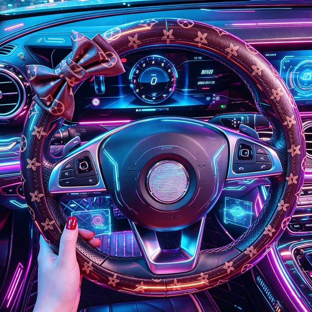 Luxury Monogram Bow Steering Wheel Cover - Universal Fit, Premium Leather, Non-Slip Grip, Stylish Car Interior Accessory for All Vehicles