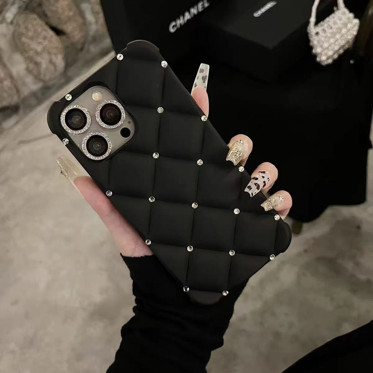 Luxe Red Quilted Phone Case with Bling Diamonds 3D Grid Protective Cover