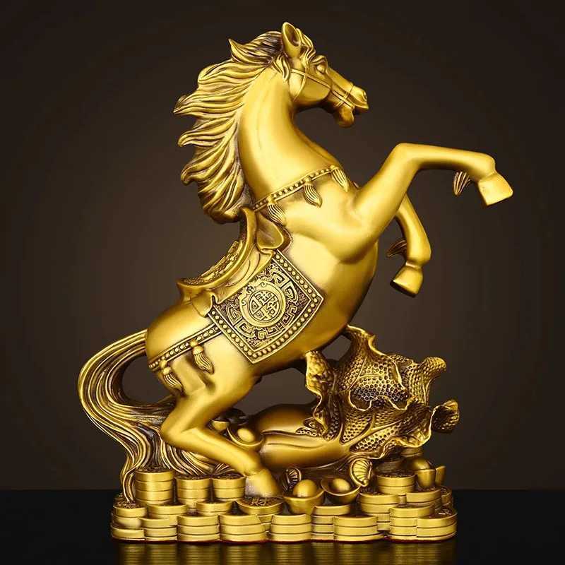 Brass Zodiac Horse Statue with Gold Coins - Galloping with Wealth Fortune Horse Figurine Chinese Zodiac Decor AuspiciousT260415