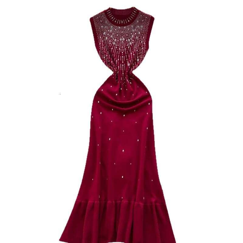 Summer k30 rhinestone decorated semi high neck fishtail FC 2026 new slim fit sleeveless knitted dress