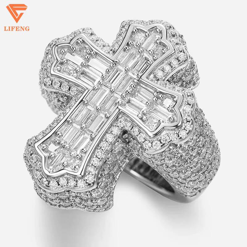 New Trendy Mens 925 Sterling Silver 18K Gold-Plated Luxury Baguette Cut Cross Ring VVS Moissanite Diamond Custom Hip Hop
