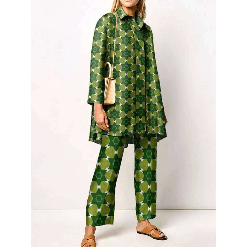 Autumn New Vintage Printed Pant Sets Women Long Shirts And Wide Legs Trousers Two Piece Set Fashion Trendy Streetwear Lady Suits MAKOUFEI
