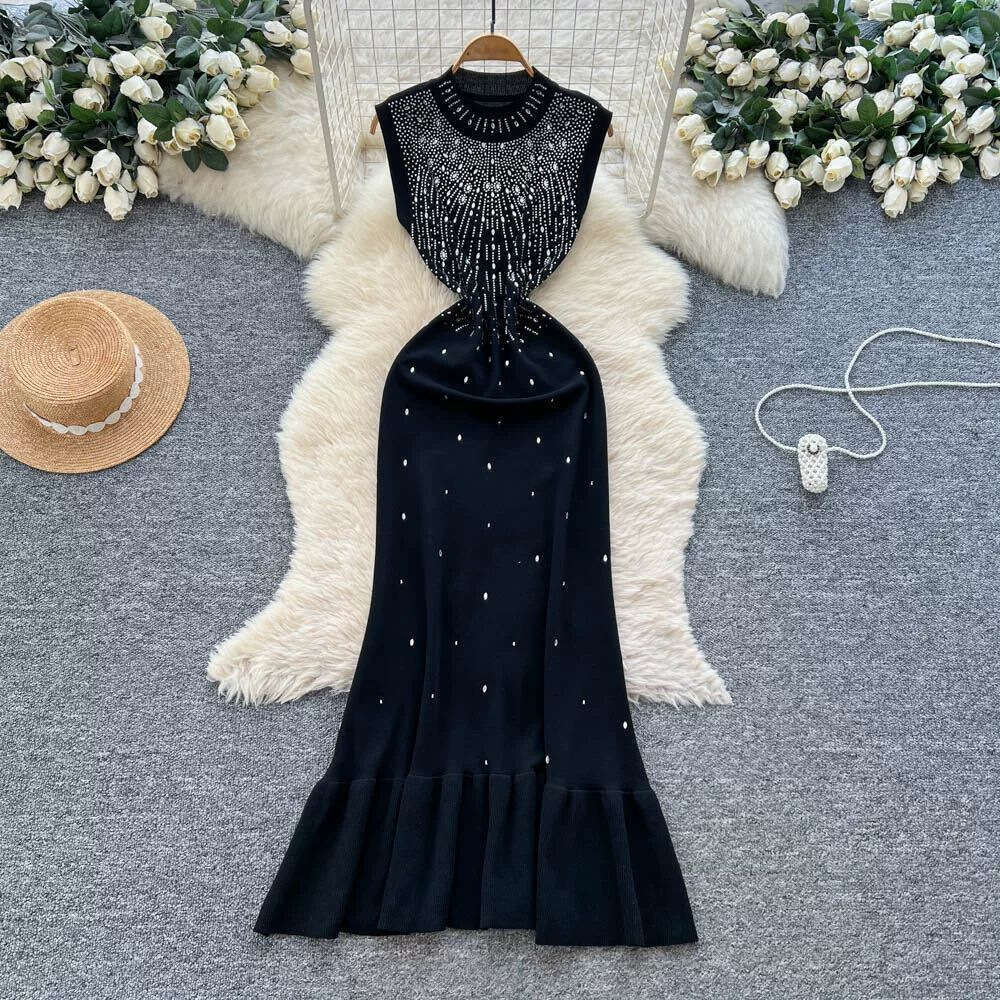 Summer k30 rhinestone decorated semi high neck fishtail FC 2026 new slim fit sleeveless knitted dress