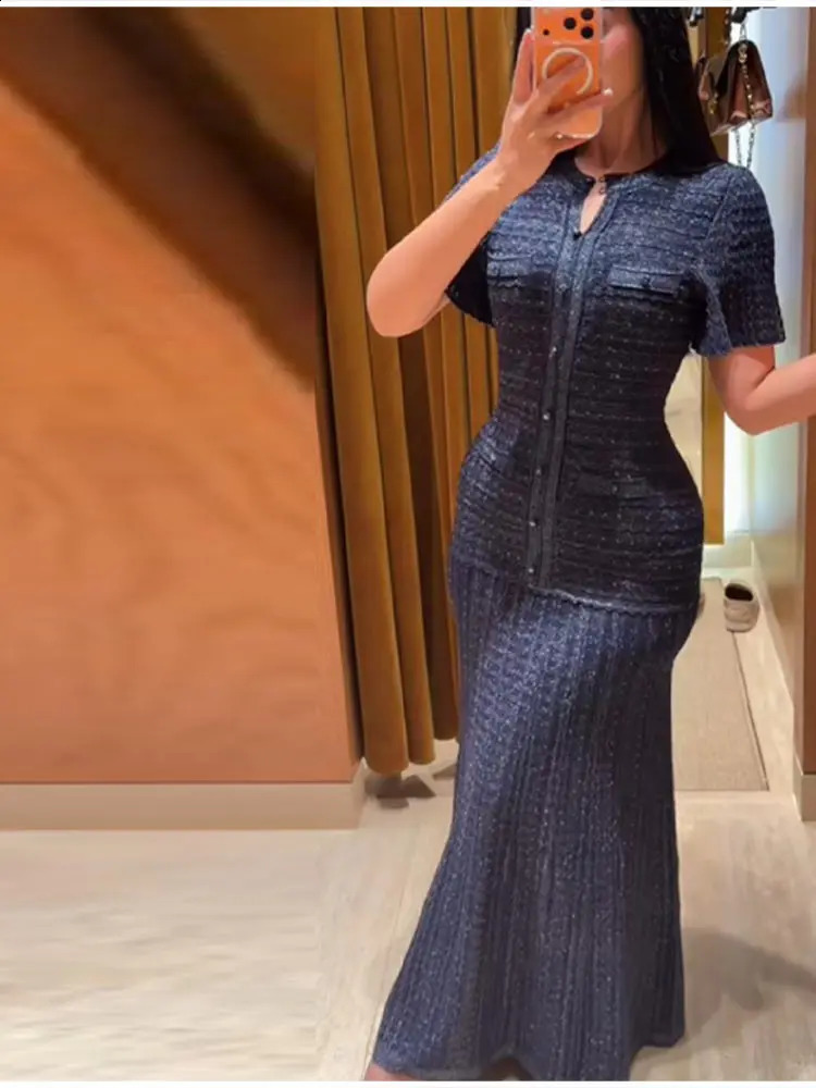 Cinched Waist Sequin Maxi Dress for Women Round Neck Short Sleeved Knitted Dresses 2026 Hollow Out Single Breasted Midi Robe 260414