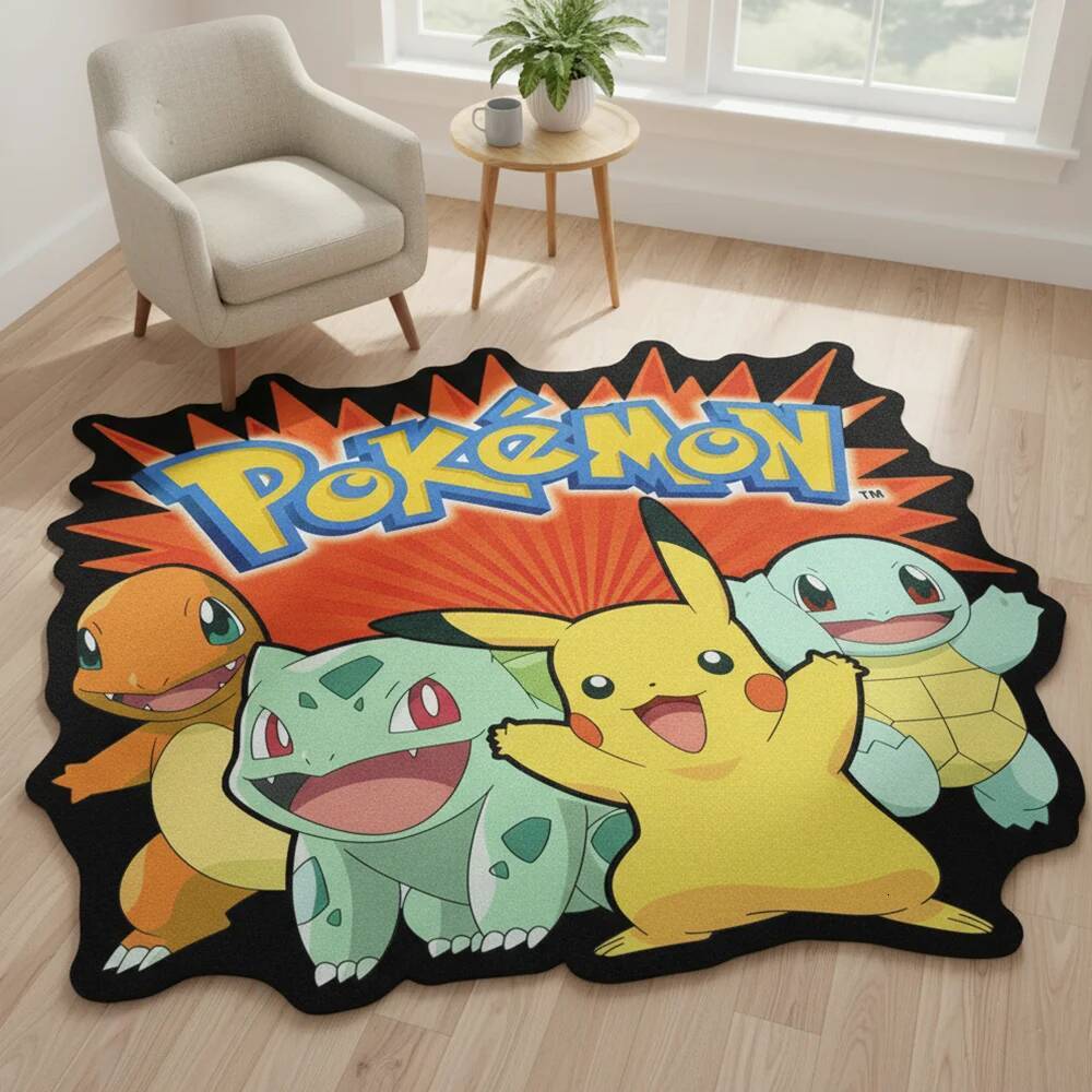Pokemon Pikachu & Kanto Starters Area Rug, Anime Cartoon Carpet Trendy Manga Home Decor Floor Mat, Perfect Gift for Fans