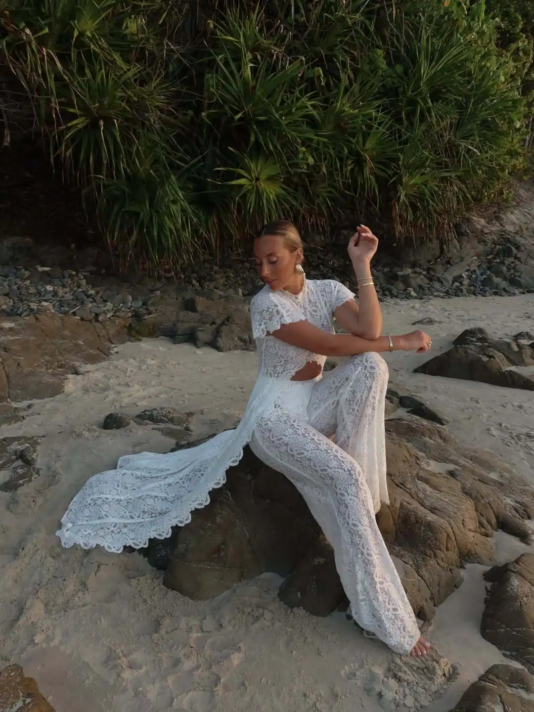 Elegant White See Through Flower Lace Pants Sets Women Sexy Short Sleeves Maxi Top High Waist Trousers Two Piece Set Fashion 260414