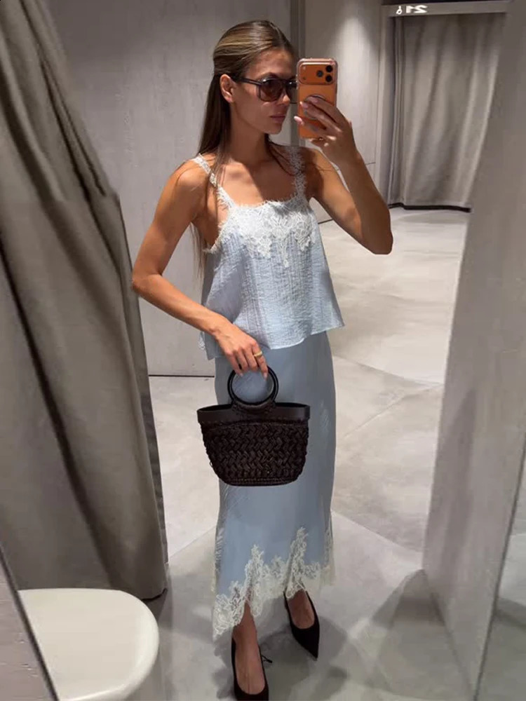 Lace Cami Top Lace Trim Midi Skirt Two Piece Set Sleeveless Square Neck 2026 Spring Romantic Casual Vacation Women Co Ord Sets 260414