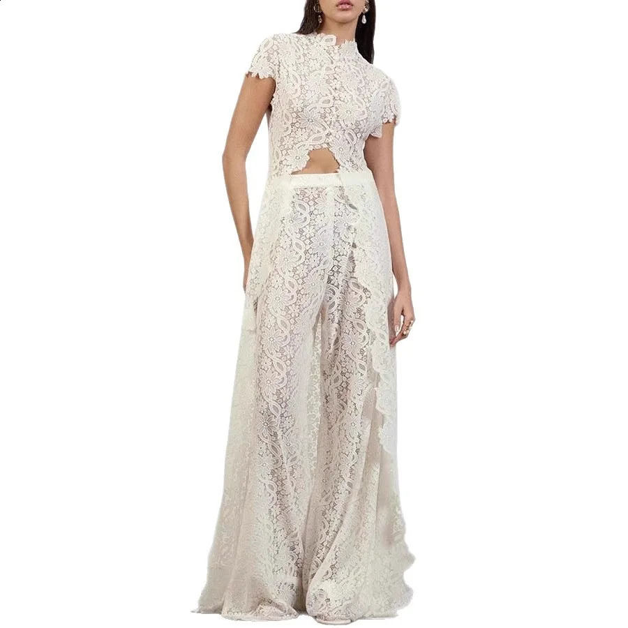 Elegant White See Through Flower Lace Pants Sets Women Sexy Short Sleeves Maxi Top High Waist Trousers Two Piece Set Fashion 260414