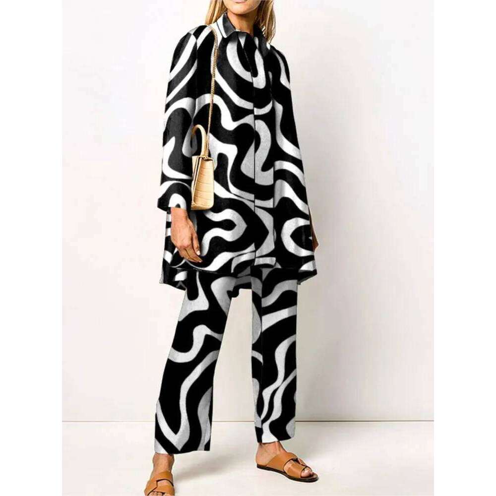 Autumn New Vintage Printed Pant Sets Women Long Shirts And Wide Legs Trousers Two Piece Set Fashion Trendy Streetwear Lady Suits MAKOUFEI