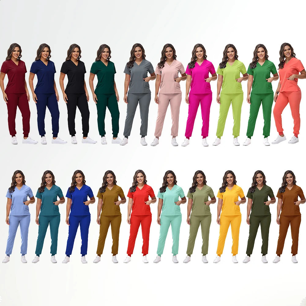 Stretchy Nurse Uniforms V-neck Top Jogger Pants Scrub Sets Workwear Dentist Nursing Suit Hospital Doctor Outfit S21 260414 - view 3