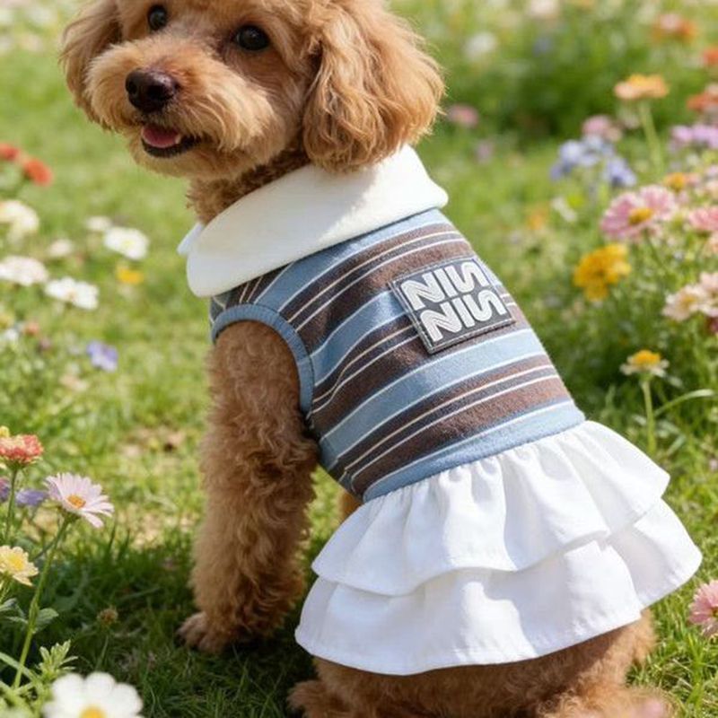 Striped Polo Collar Dog Dress, Breathable Puppy Vest Skirt with Ruffle Hem, Cute Small Dog Clothes for Bichon Yorkie, Fashion Stretch Pet Apparel for 