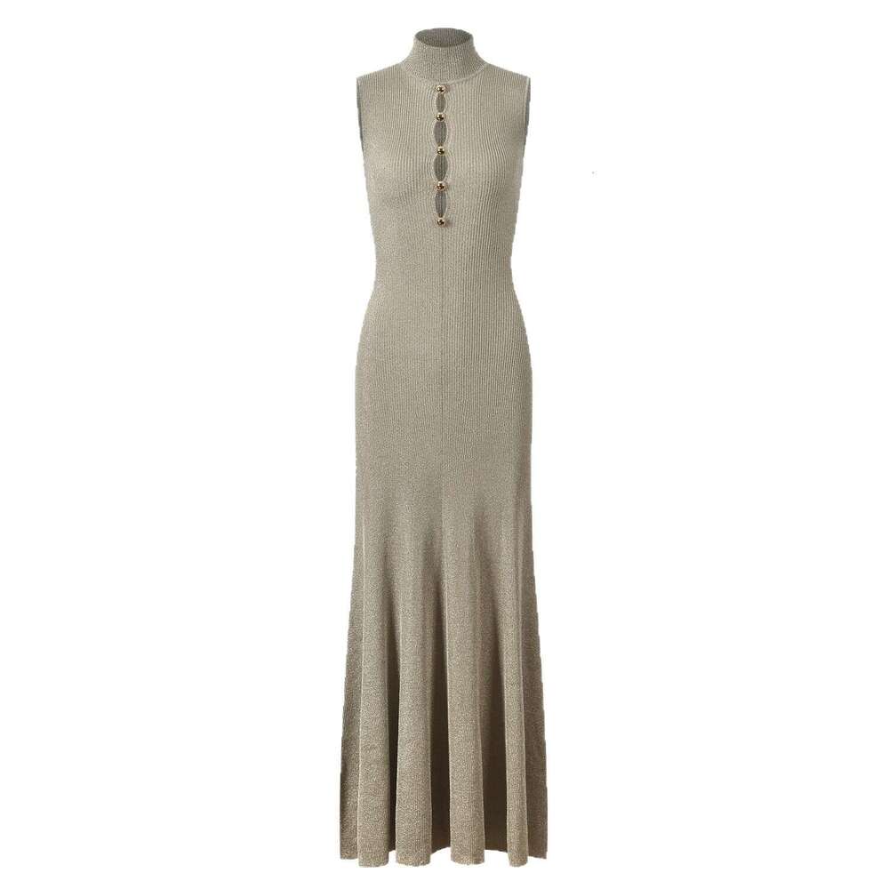 2026 French summer FC k30 new designer fashionable gold elegant hollow out single breasted high neck sleeveless knitted dress