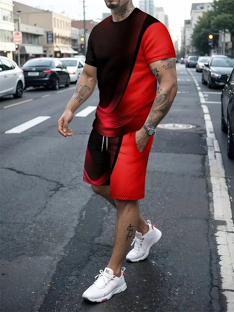 Gradient Texture T-Shirt Mens Two-Piece Summer Shorts Suit Fashion 3D Printing Street Casual Sportswear Mens Models 260618CJ - view 3