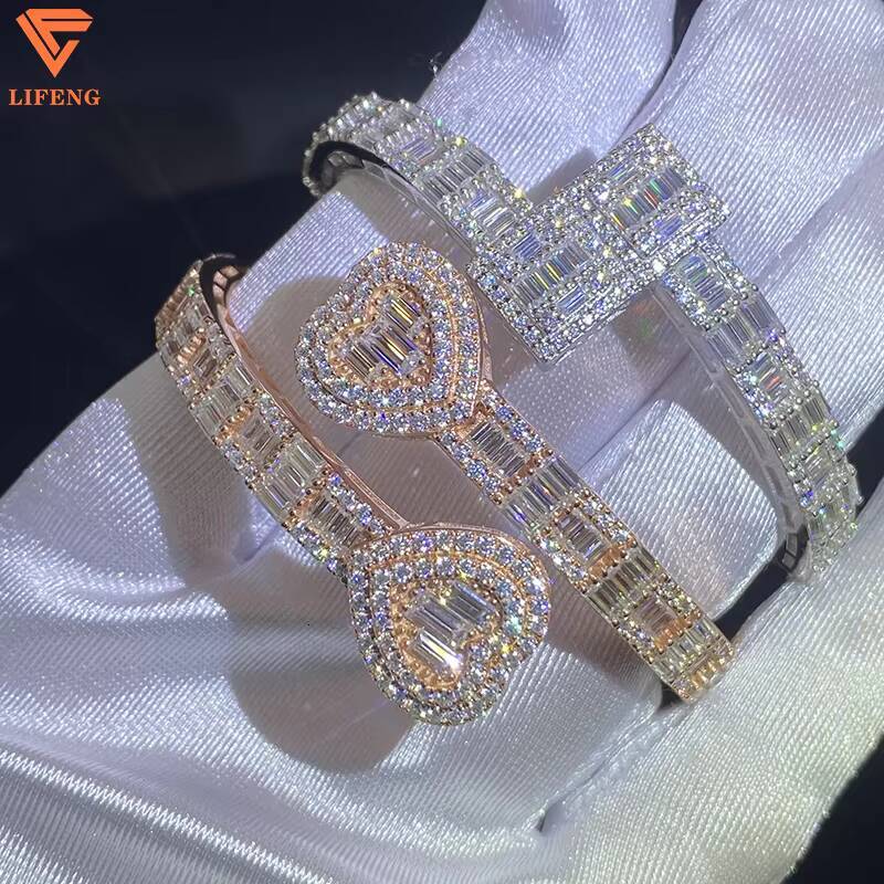 Ready to Ship Baguette Moissanite Open Cuff Heart Bangle 925 Sterling Silver Iced Out Moissanite Adjustable Bracelet for Women