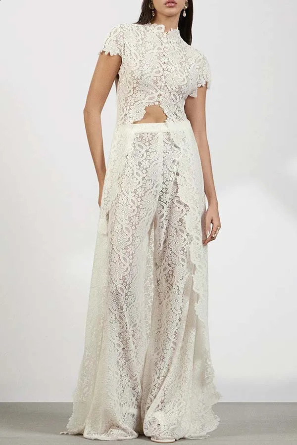 Elegant White See Through Flower Lace Pants Sets Women Sexy Short Sleeves Maxi Top High Waist Trousers Two Piece Set Fashion 260414