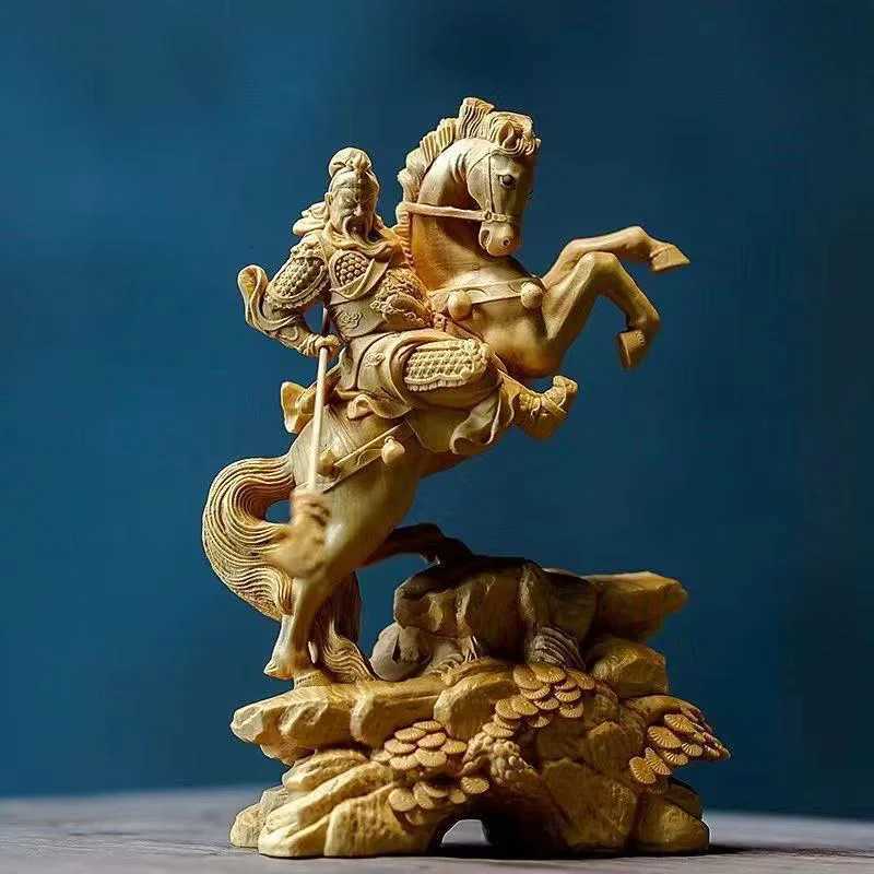 Wood carving Riding a horse Guan Gong God of Wealth Statue Chinese mythological figure Home room office decoration accessoriesT260415