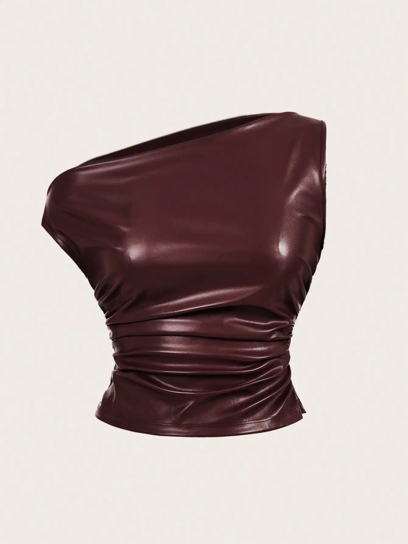 Burgundy PU Leather Off Shoulder Ruched Sleeveless Top For Women 260414